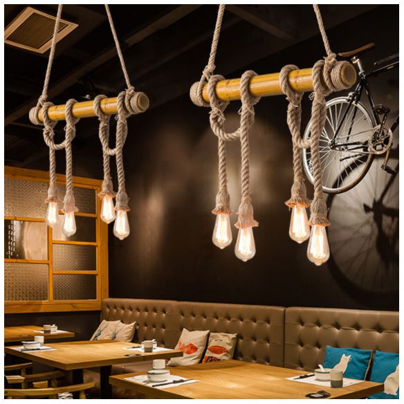Luce a ciondolo dell'isola di bambù marrone in tela industriale in stile retrò la luce del soffitto per il ristorante