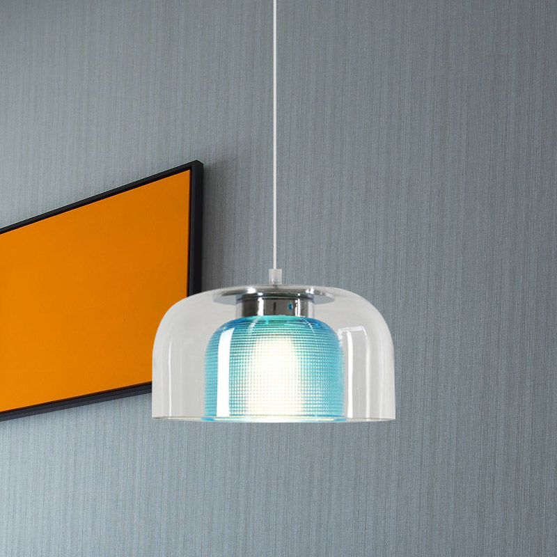 Bowl Restaurant Drop Pendant Light Clear and Blue Latticed Glass 1 Light Modernism Suspension Lamp
