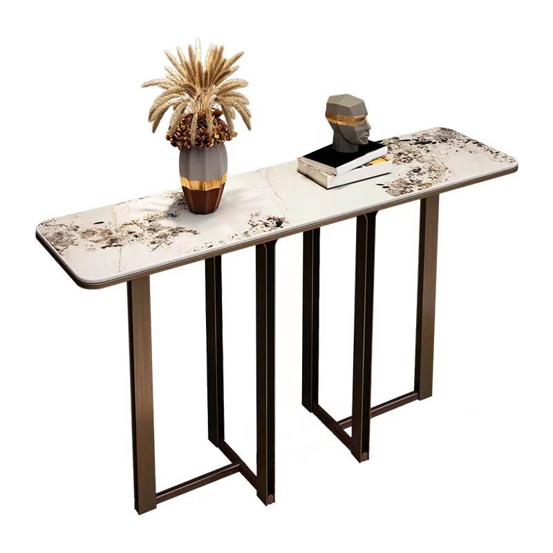 Modern Rectangular Console Table Stone Console Sofa Table in White and Gold