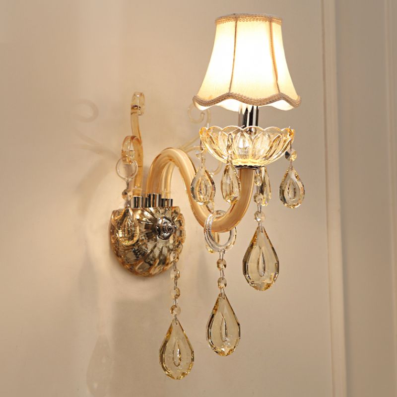 1/2-Head Swirled Arm Wall Lighting Traditional Champagne Crystal Drops Sconce with Flared Fabric Shade