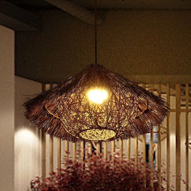 Tapered Hanging Light Chinese Rattan 1 Head Coffee Suspended Lighting Fixture, 16.5"/20.5"/24.5" Wide
