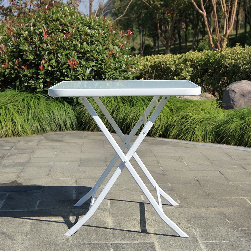 Water Resistant Patio Table with White Legs Glass Top Industrial Bistro Table