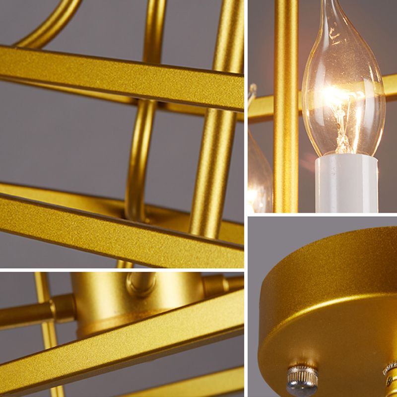 4 Heads Metal Chandelier Vintage Style Gold Cage Shade Living Room Pendant Light with Adjustable Chain