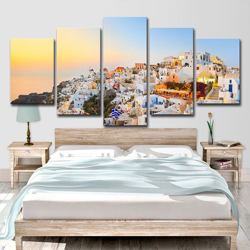 Santorini Island Sundown Scenery Canvas White Global Inspired Wall Art for Bedroom