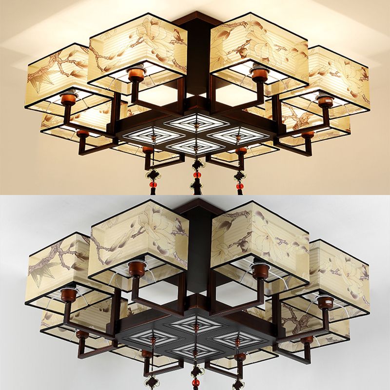 Braune Halbflush -Mount -Lampe Traditioneller Stil Schmiedeeisen Deckenleuchte mit quadratischem Stoff Schatten