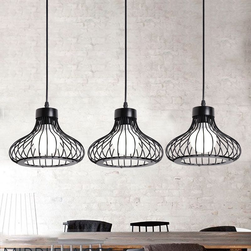 Bowl Metall Decke Anhänger Licht mit Drahtkäfig Schatten Bauernhaus 3 Lichter Restaurant Hängende Leuchte in Schwarz