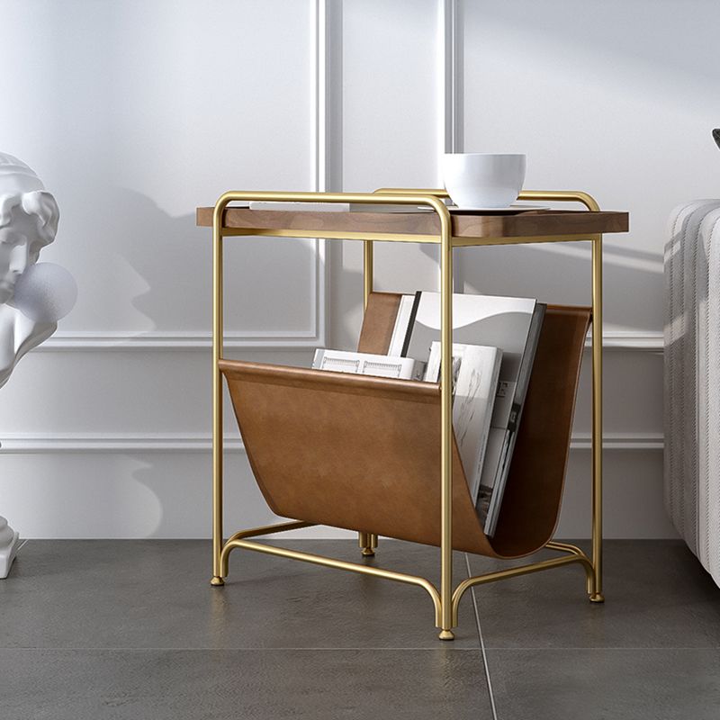 Rectangle Wood Top Side Table Iron Frame End Table with Magazine Holder