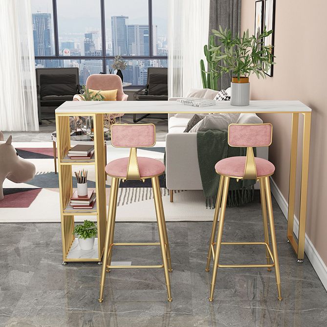 Contemporary Round Bar and Counter Stool Low Back Stool with 4 Gold Legs
