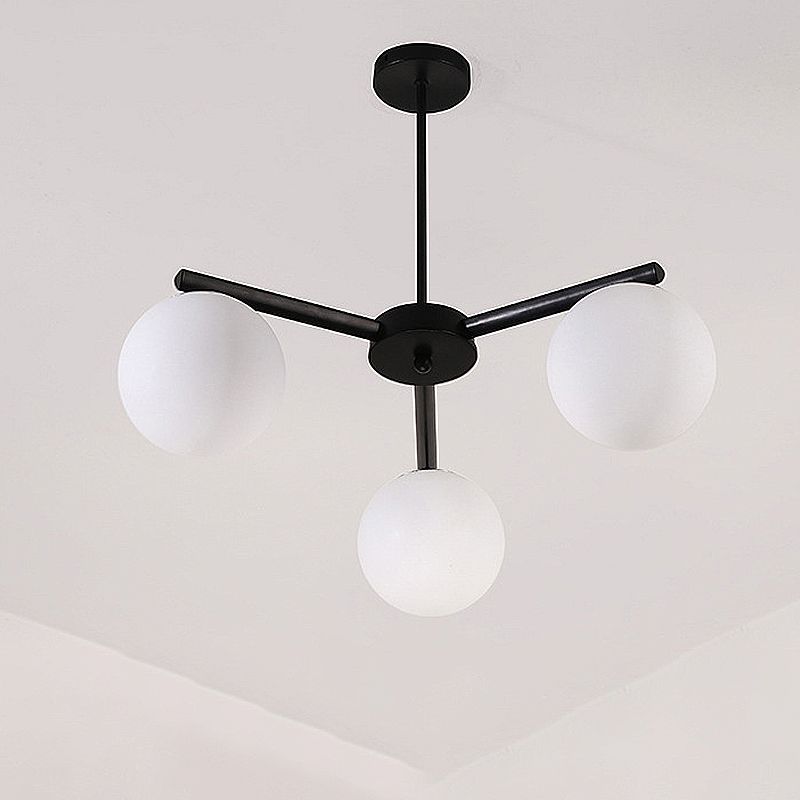 White Glass Globe Hanging Chandelier Traditional 3/6/8 Light Living Room Pendant Light in Black with Sunburst Design