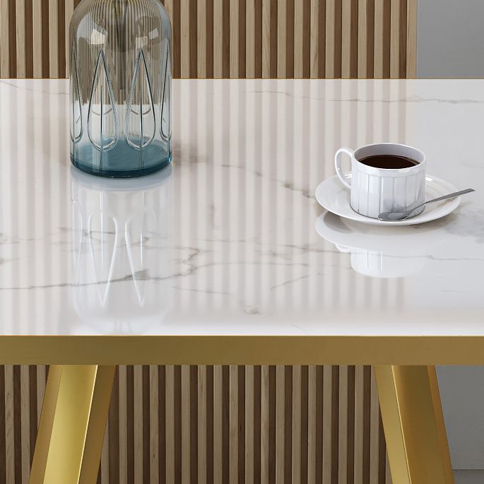 Glam Stone Square White Dining Table Metal Base for Dining Room