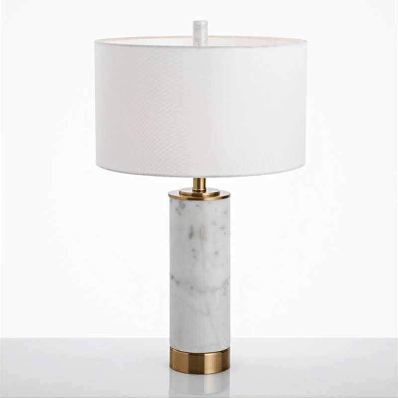 Lampada da comodino con paralume a tamburo Lampada da tavolo in tessuto minimalista per camera singola con accento in marmo bianco