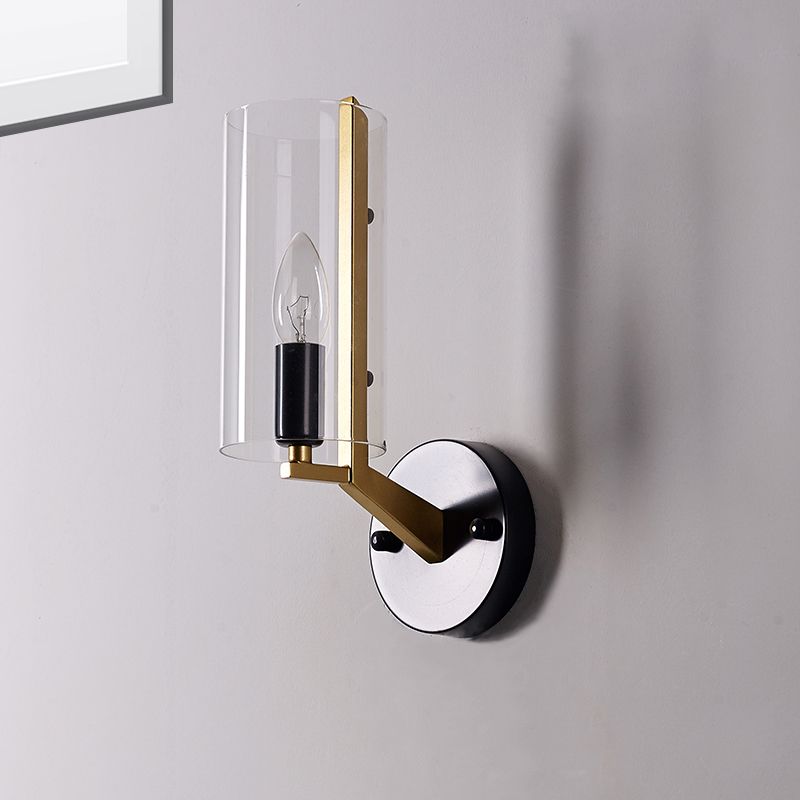 Black Tube Wall Light Retro 1 Light Transparent Glass Sconce Light Fixture with Brass Arm