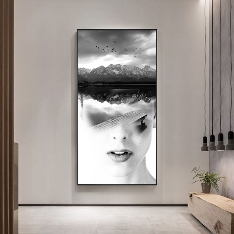 Canvas zachte kleur schilderij hedendaags meisje en Misty Hills scène wanddecoratie, meerdere maten
