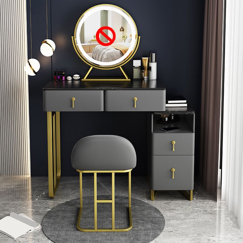 Gray Dressing Table Genuine Leather Vanity Table with Storage Drawers