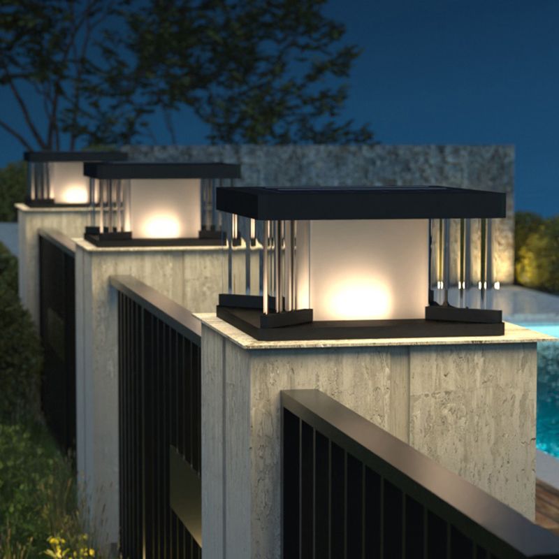 Square Shape Metal Outdoor Lamp Modern Style 1 Light Solar Pillar Light in Black