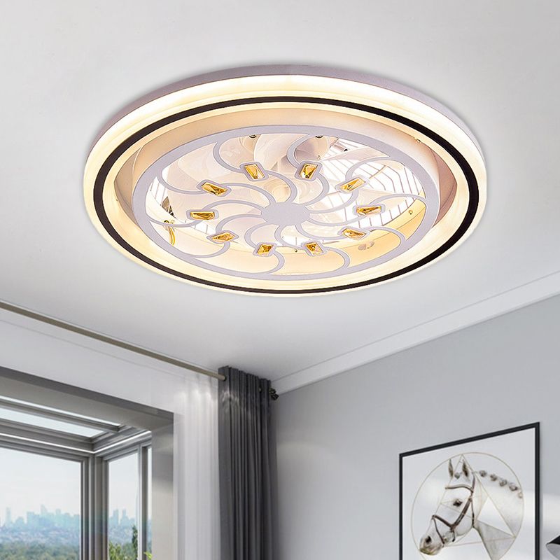 21.5' W LED Crystal Blocks Hanging Fan Lamp Contemporary White Round Dinning Room Semi Flush Light with 7 Blades