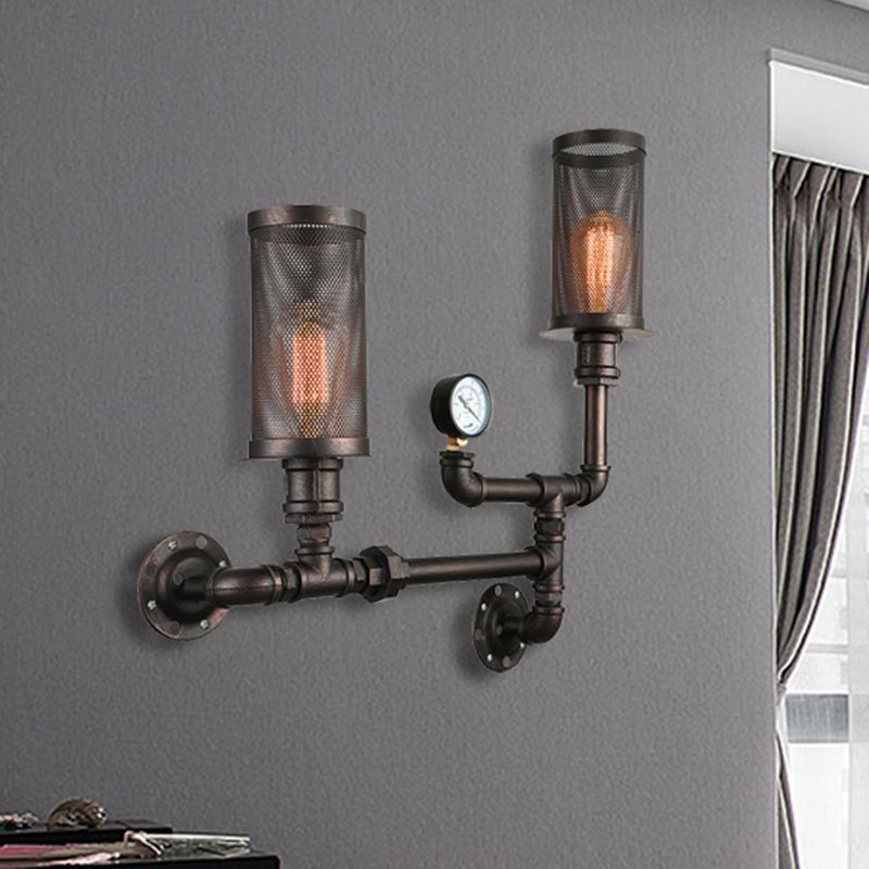 2 luces Metal Diconce Light Industrial Black Cylinder Mesh Tombra de pared de la pared del dormitorio con diseño de calibre