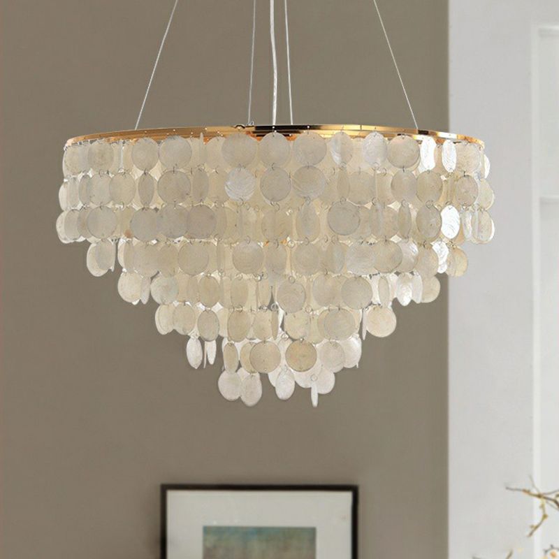 French Country Conical Pendant Lamp Natural Shell Chandelier Light Fixture in Gold