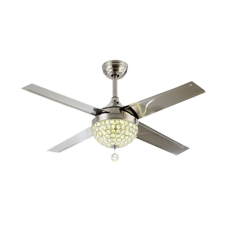 48" Wide LED Crystal Pendant Fan Lamp Rustic Nickel Domed Living Room Semi Flush Light with 4 Blades