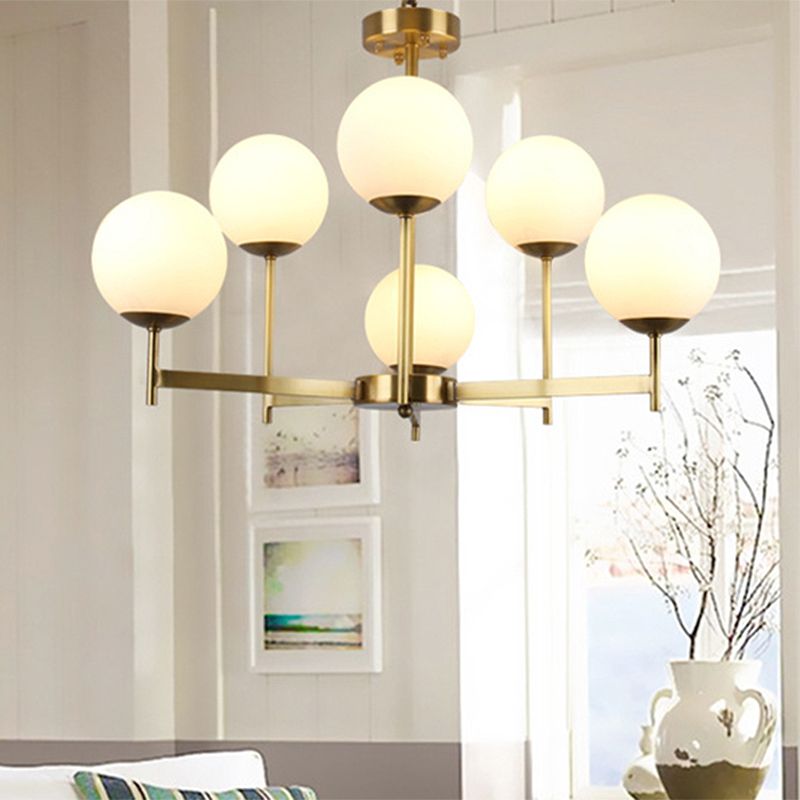 6/8 Bulbs Globe Chandelier Light Traditional Frosted Glass Hanging Ceiling Fixture in Brass