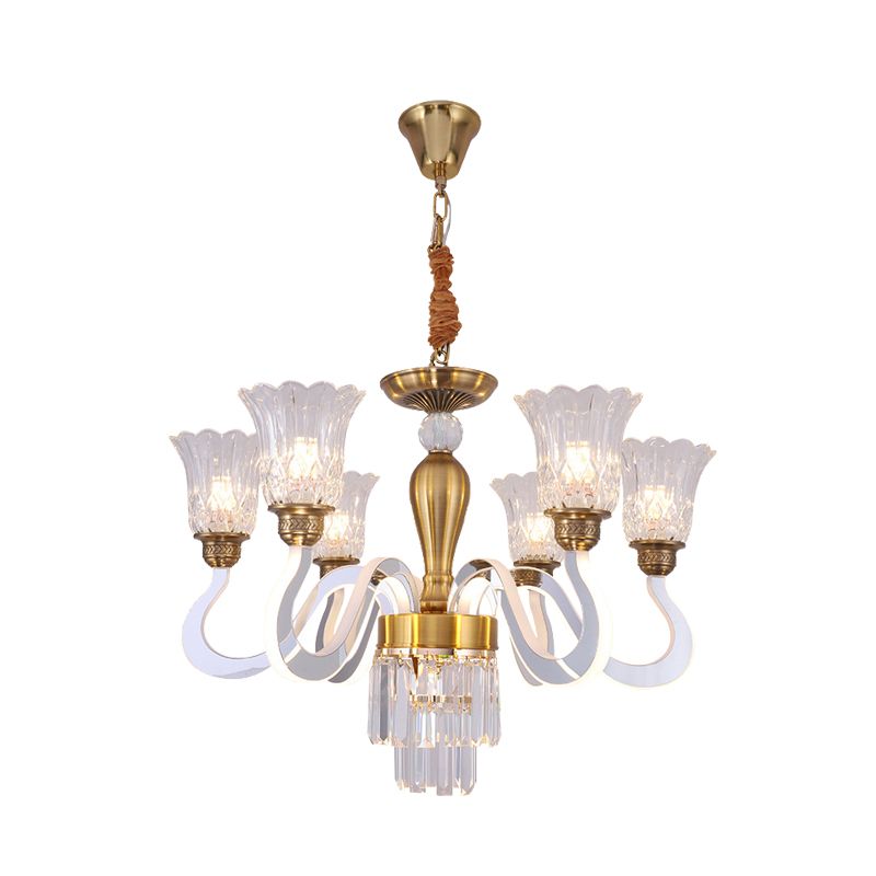 Floral Bedroom Chandelier Lamp Modern Crystal 6 Bulbs Gold Hanging Pendant with Acrylic Arm