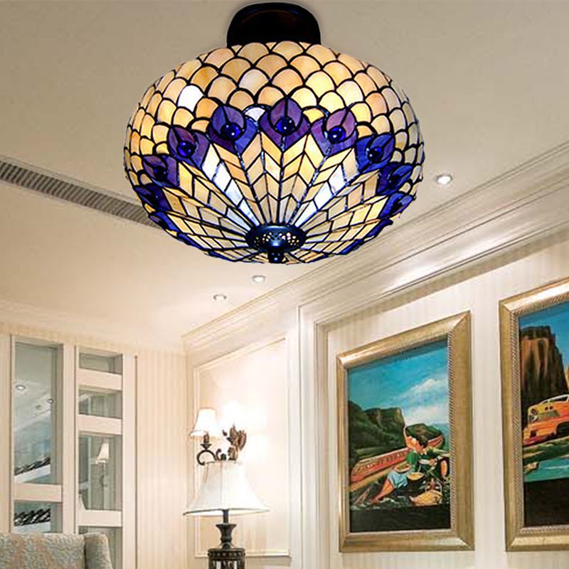 Peacock Pattern Semi Flush Light Vintage Stained Glass 3 Lights Ceiling Light for Bedroom Lighting