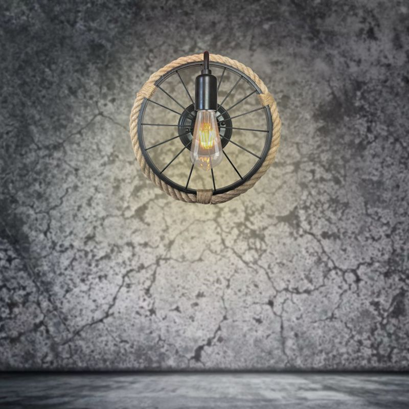 Modern Rope Wall Sconce Circle Shape Metal Wall Light for Bedroom in Black