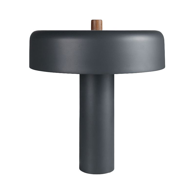 Metal Drum Nightstand Light Modernist LED Grey Desk Lamp with Plug In Cord for Bedroom