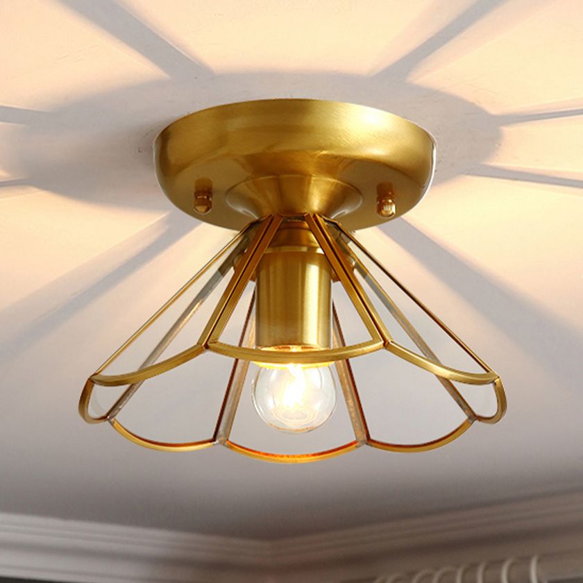 Vintage Shaded Ceiling Mount Light Fixture Glass Ceiling Light Fixture in Brass