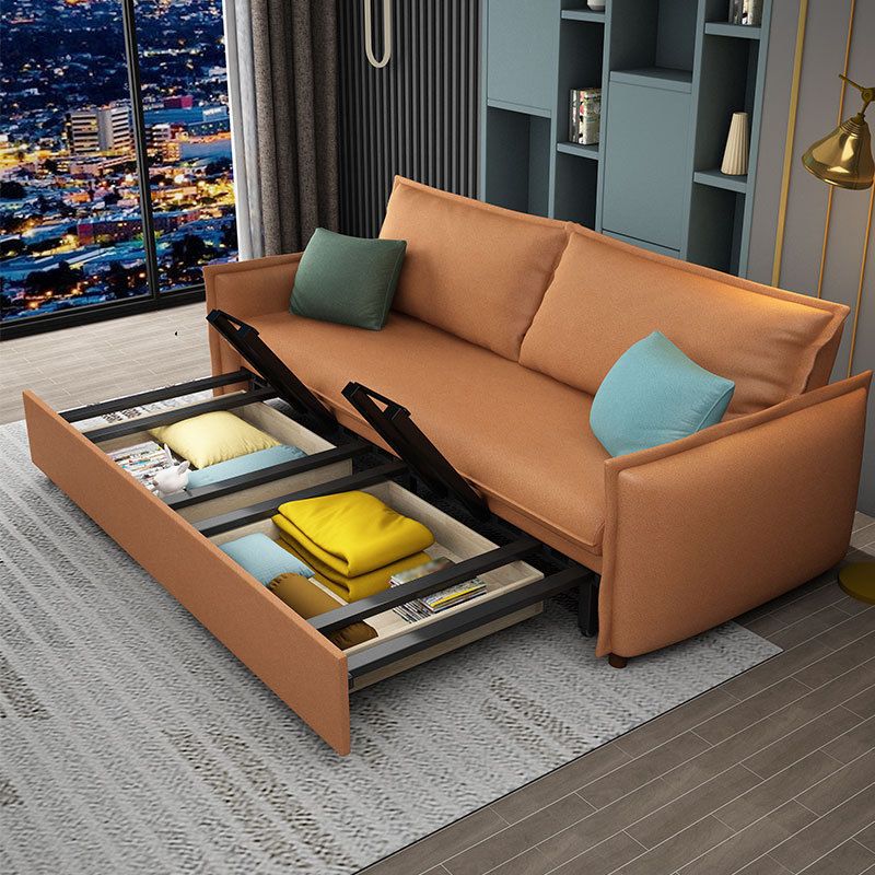 Orange Upholstery Sofa Bed with 2 Pillows Back and Square Arm