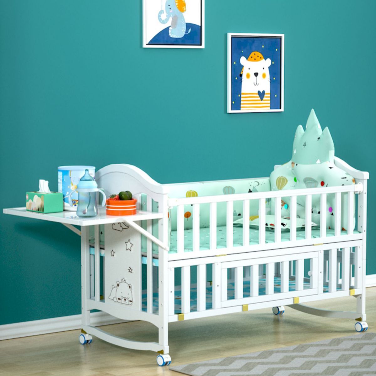 Solid Wood Convertible Crib Scandinavian White Crib with Storage