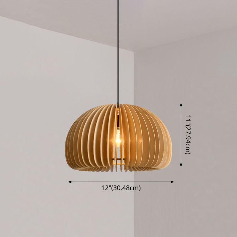 Wood Pumpkin Hanging Pendant Light Japanese Style Beige Pendant Lighting Fixture