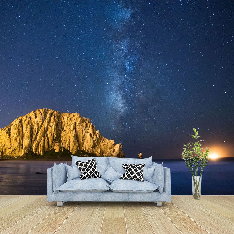 Full Size Landscape Wallpaper Mural for Home Lifeless-Mountain under Starry Sky Wall Decor in Blue-Brown, Waterproof