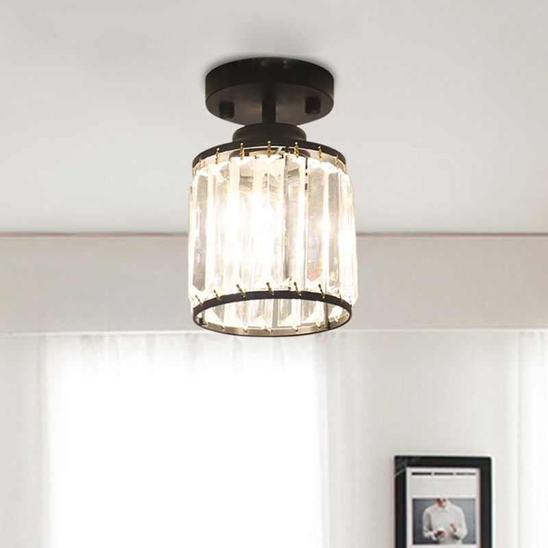 1 Light Corridor Semi Flush Light Contemporary Gold/Black Ceiling Light with Cylinder Crystal Block Shade