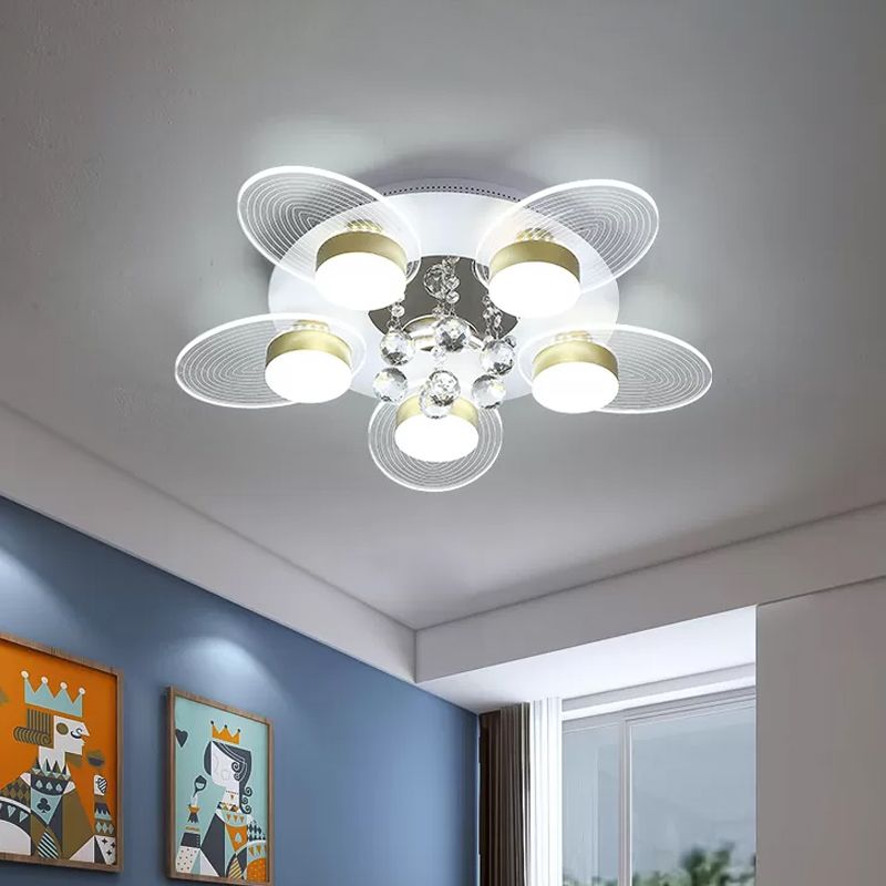 Contemporary Floral Flush Light Crystal 5 Bulbs Bedroom LED Ceiling Lighting in White with Clear Glass Panel, Warm/White Light