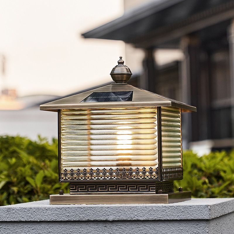 Rectangle Shape Metal Pillar Lamp Modern Style 1 Light Solar Outdoor Light in Brass