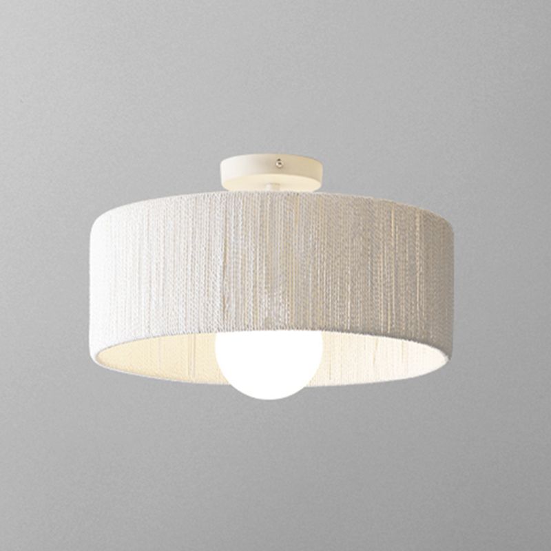 Rattan Fiber 1 Light Semi Flush Mount Ceiling Light Round Asia Semi Flush Mount Chandelier for Bedroom