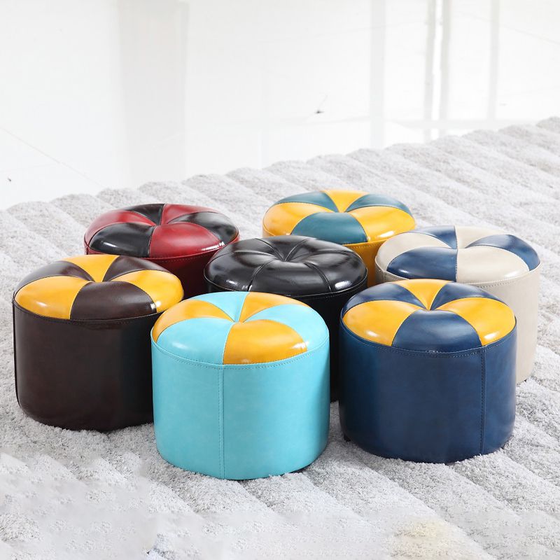 Ottoman Round Faux Leather Contrast Color Contemporary Indoor Standard Ottoman