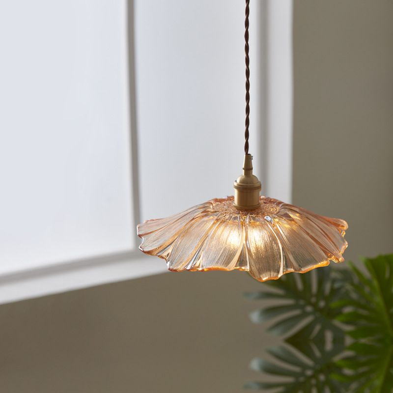 Glass Scalloped Pendant Light in Industrial Retro Style Copper Indoor Hanging Lamp