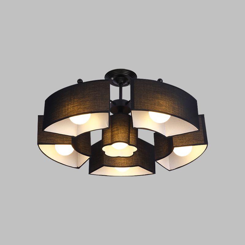 Black/White Curved Block Flushmount Contemporary 6 Heads Fabric Semi Mount Lighting for Living Room
