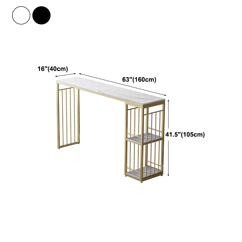 Mesa de barra de pub de piedra de glam rectángulo de oro de oro de hierro de doble pedestal mesa de comedor con 2 estantes