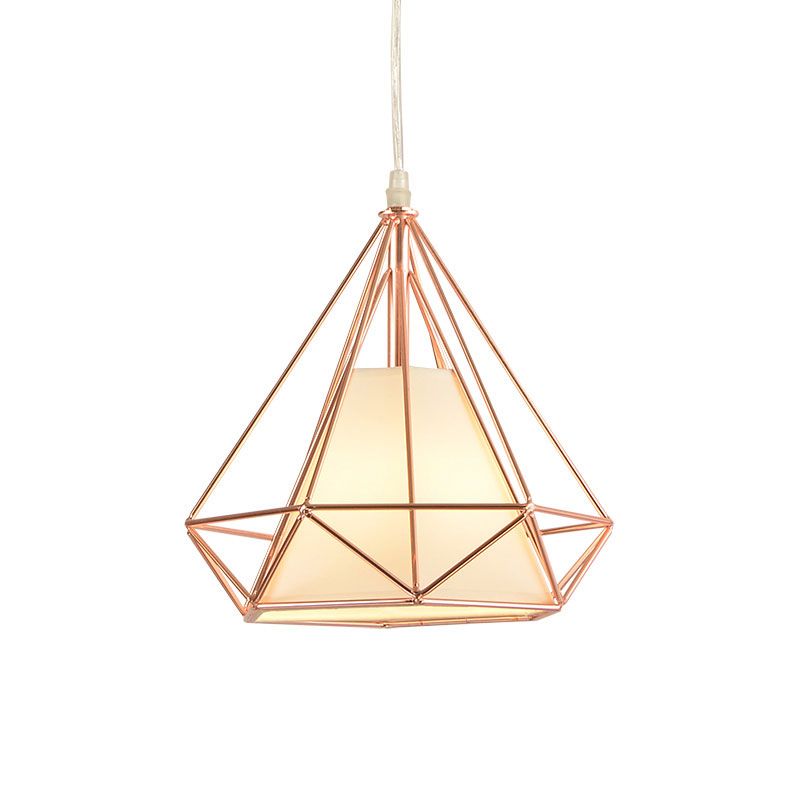 Rose Gold Diamond Cage Ceiling Light Macaron Style Metal and Fabric 1 Light Coffee Shop Pendant Lighting