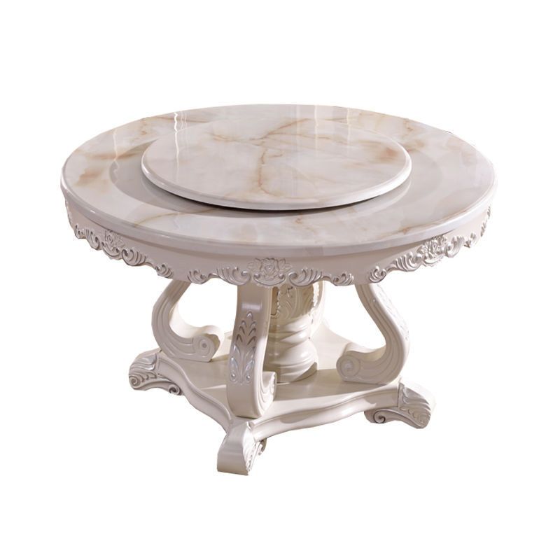 White Stone Top Dining Table Round Table with Wood Pedestal Base
