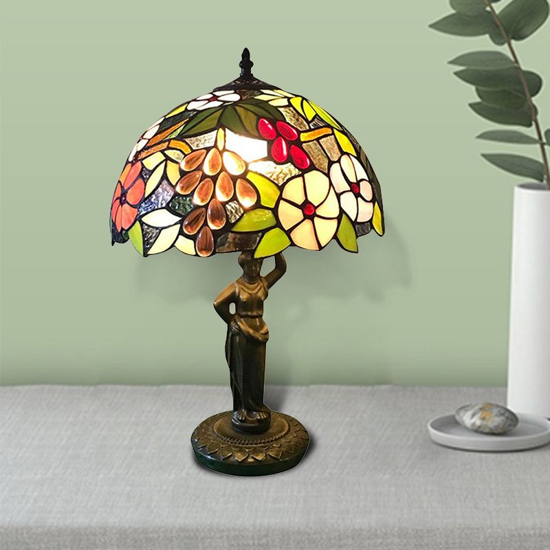 Lampada da scrivania con motivo uccello/uva/fiore con base per donne che lavorano, lampada da scrivania in vetro colorato Tiffany rustico a 1 testa per camera da letto
