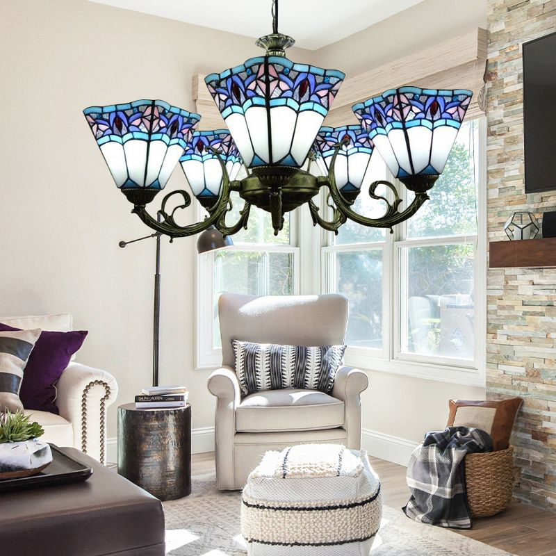 5 Lights Pyramid Chandelier Lighting Tiffany Mission Stained Glass Pendant Light with Curved Arm