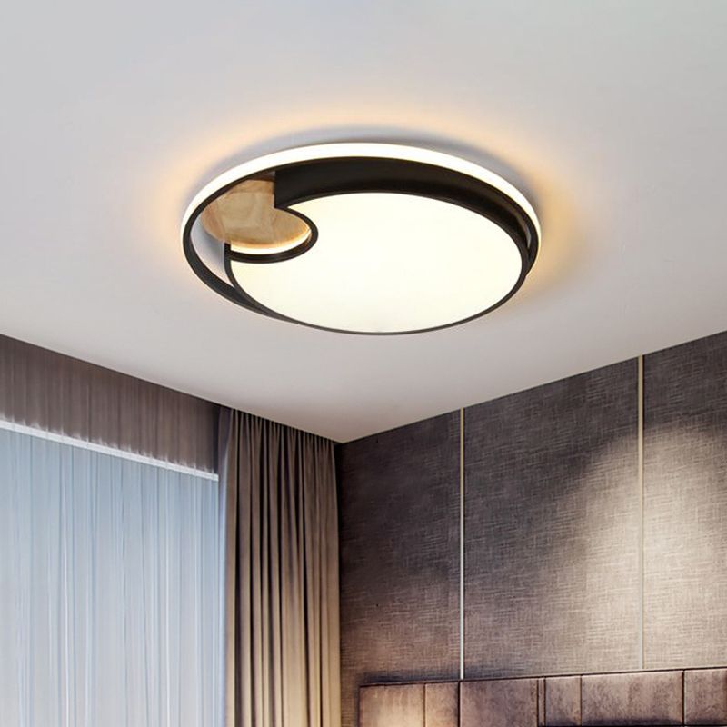 Black Circular LED Ceiling Lighting Modern LED Acrylic Flush Mounted Light with Circular Wood Cut, White/3 Color Light