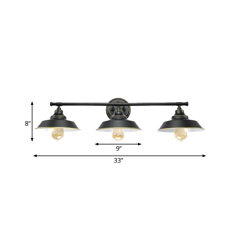 3 Lights Wall Mount Fixture with Barn Shade Metallic Retro Style Living Room Wall Lighting in Black