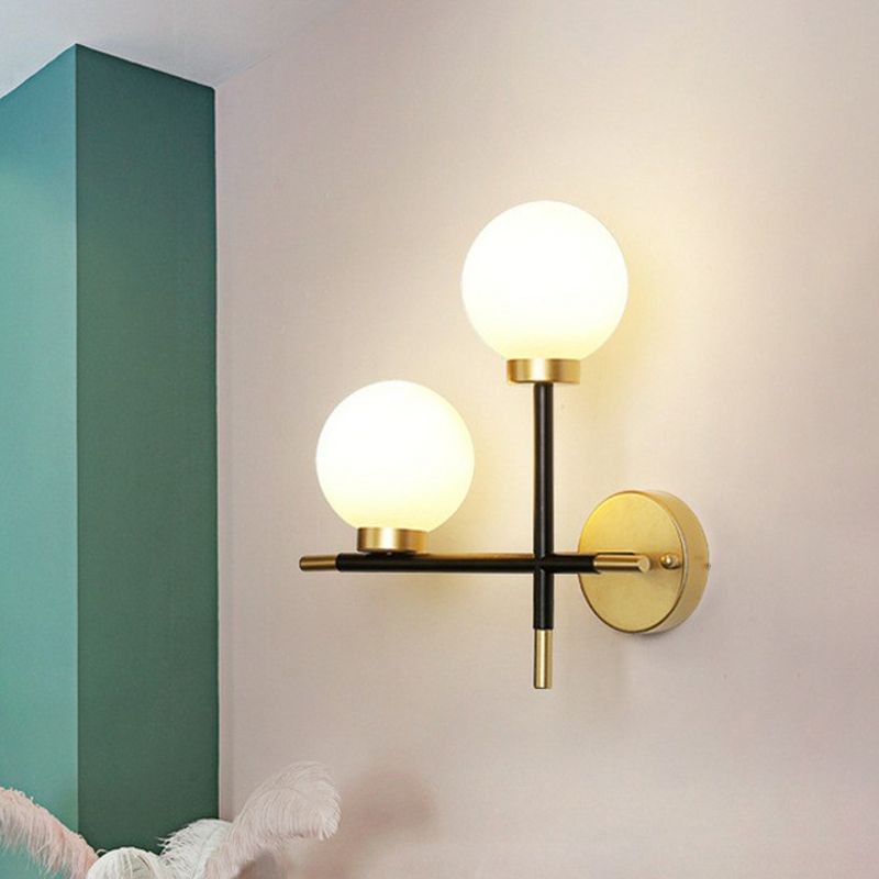 Mini Globe Milk Glass Wall Mount Light Modern 2-Light Black Sconce Fixture for Foyer