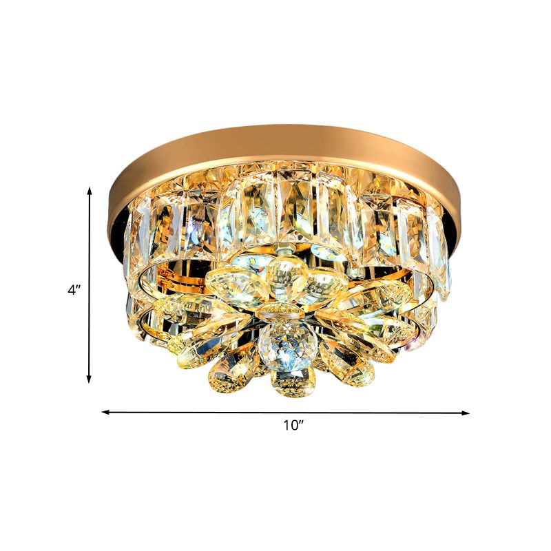 Small Flower LED Ceiling Flush Light Modern Style Gold Beveled-Cut Crystal Flush Mount Fixture