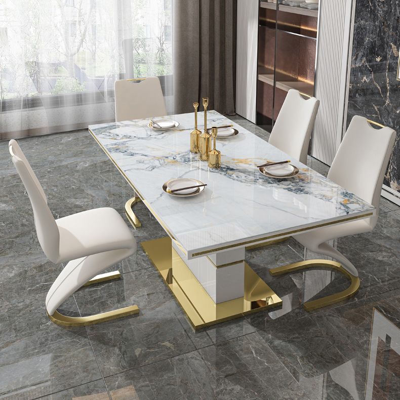 Luxury Sintered Stone Top Dining Table White Rectangle Table with Metal Pedestal Base